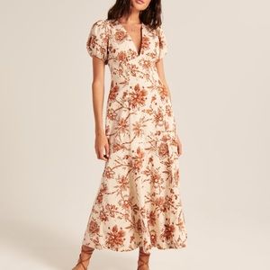 Abercrombie & Fitch Puff Sleeve Slim Poplin Midi Dress